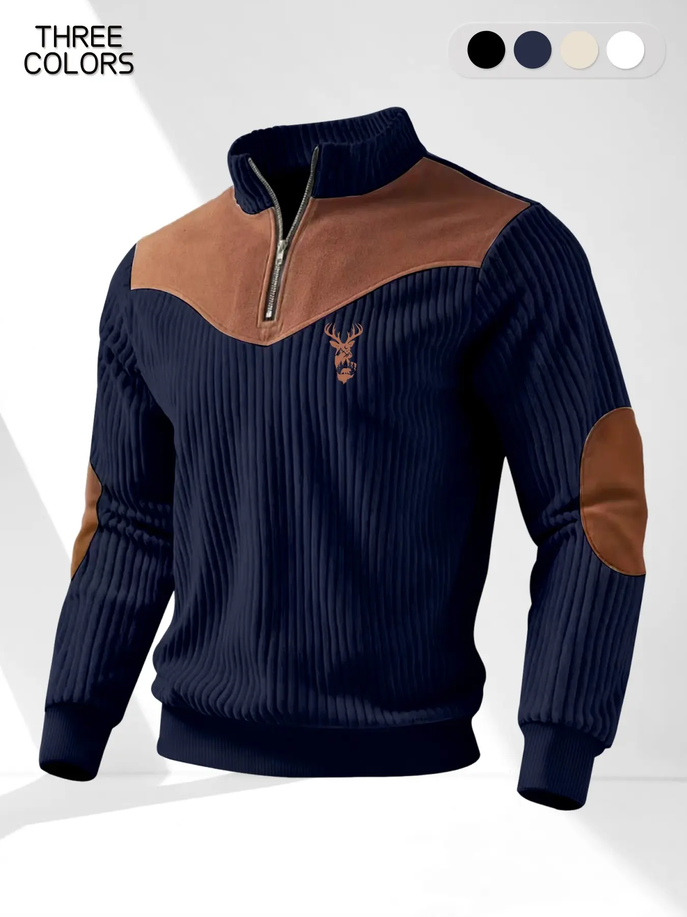 Retro Color Block Half-Zip Stand Collar Knit Sweater, Deer Head Print Design, Warm Textured Fabric for Men's Fashion Fall & Winter