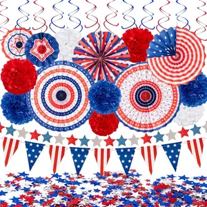 29PCS 4th/Fourth of July Patriotic Decorations Set - Red White Blue Paper Fans,USA Flag Pennant,Star Streamer,Pom Poms,Hanging Swirls Party Decor Supplies