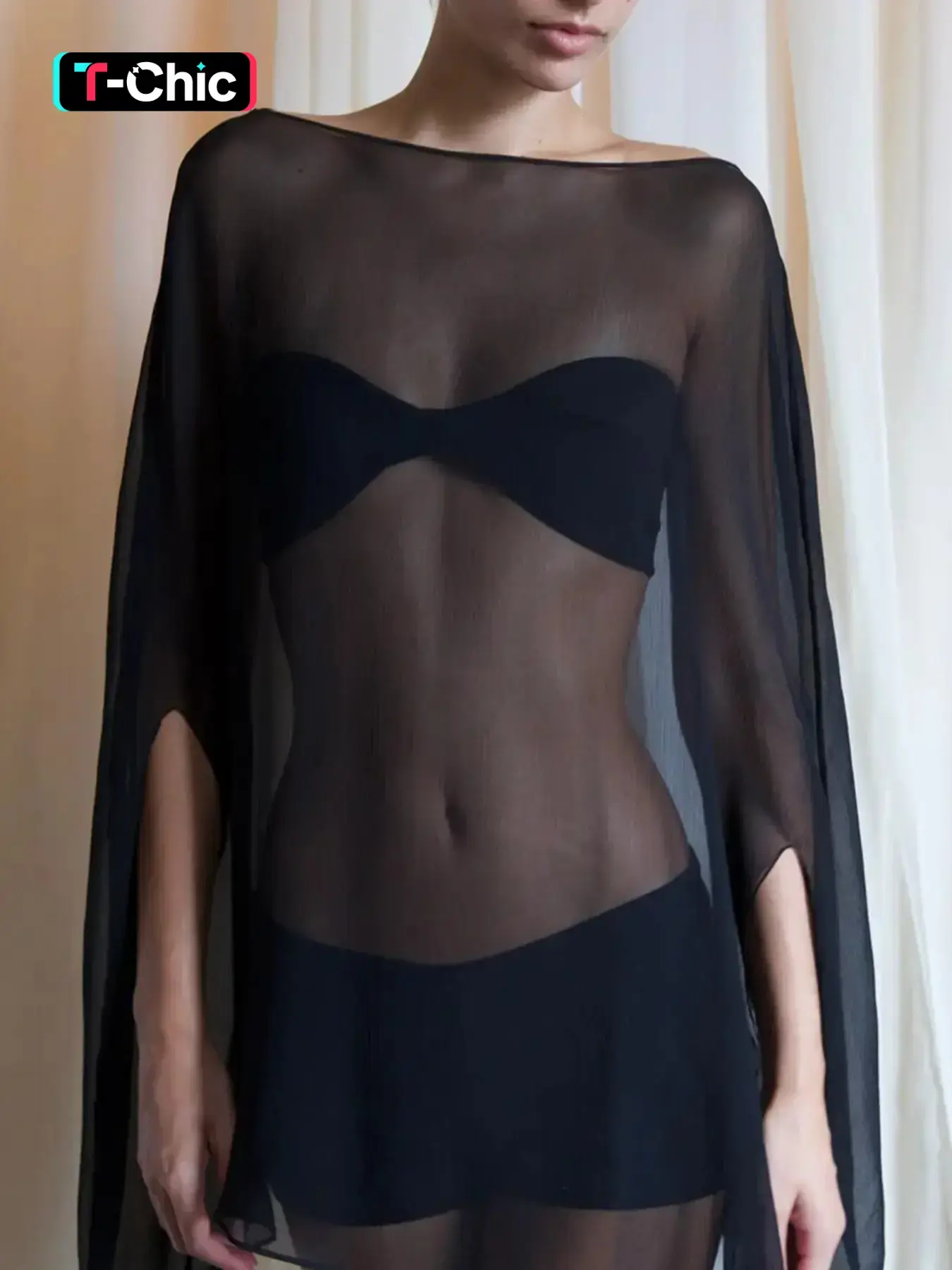 Women's Chiffon Solid Sheer Cut Out Long Sleeve Cape T-shirt Top, Boho Casual Top, Basic, Casual Chic, See Through Boat Neck Loose Fit Pullover Long Blouse, Party Club Vacation Daily Casual, Ladies All Seasons Sun-protective Shirt Clothes