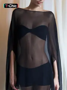 Women's Chiffon Solid Sheer Cut Out Long Sleeve Cape T-shirt Top, Boho Casual Top, Basic, Casual Chic, See Through Boat Neck Loose Fit Pullover Long Blouse, Party Club Vacation Daily Casual, Ladies All Seasons Sun-protective Shirt Clothes