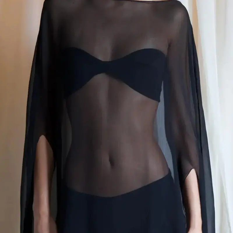Women's Chiffon Solid Sheer Cut Out Long Sleeve Cape T-shirt Top, Boho Casual Top, Blouses Shirts Tops, See Through Boat Neck Loose Fit Long Blouse, Party Vacation Daily Casual, Ladies All Seasons Sun-protective Shirt