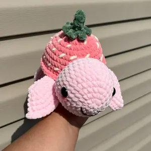 Crochet Strawberry Turtle - Adorable Handmade Pink Turtle with Strawberry Shell and Green Leaf