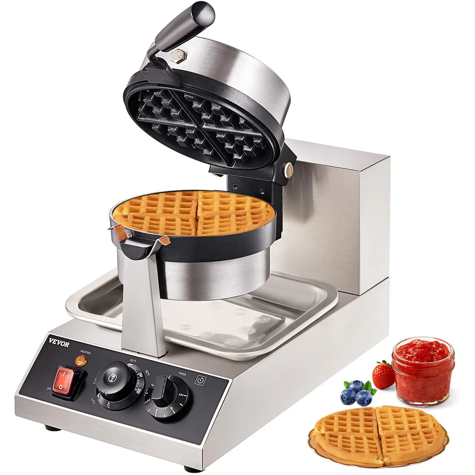 【Summerfinds】VEVOR Commercial Waffle Maker, 1 Piece per Batch, 1300W Round Waffle Iron, Non-Stick Waffle Baker Machine with 122-572℉ / 50-300℃ Temp Range Teflon-Coated Baking Pans Stainless Steel Body, 120V