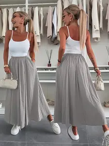 A women's grey high-waisted elastic waist pleated skirt, suitable for spring and summer, suitable for daily outing, leisure dating, coffee afternoon tea, Womenswear