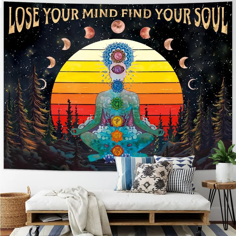 Amhokhui Seven Chakra Tapestry Yoga Meditation Tapestry Floral Plant Tapestries Moon Phase Tapestries Boho Aesthetic Wall Hanging Decor for Home Peach