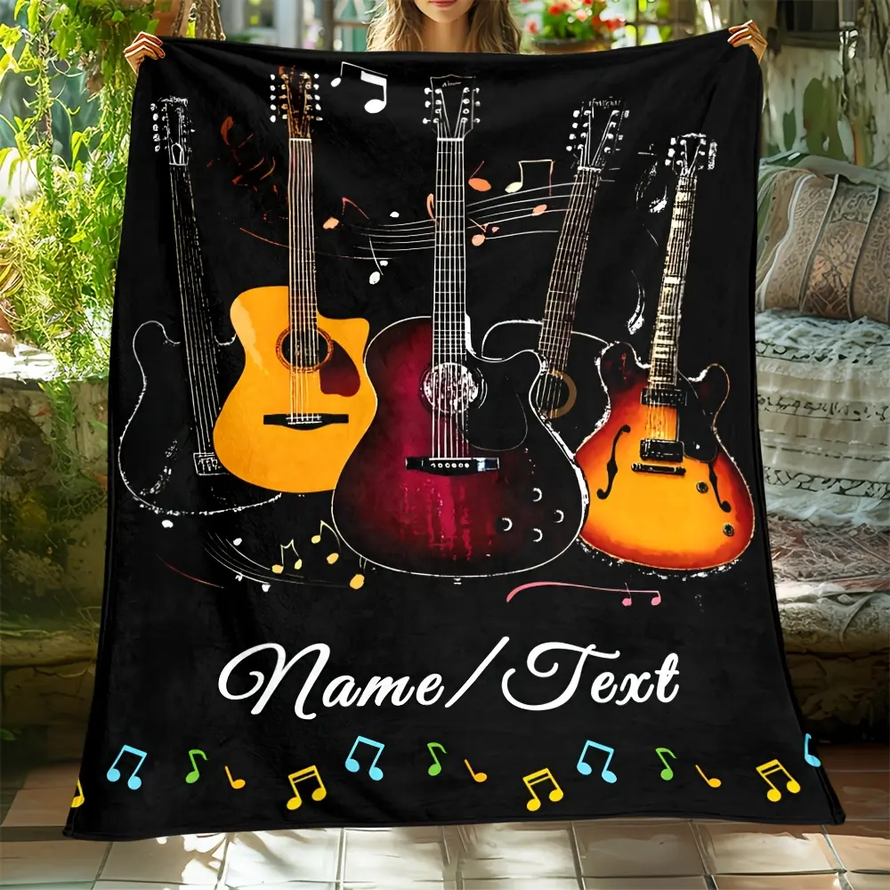 Personalized Large Music Notes & Guitar Throw Blanket - Custom Name/Text in Music Notes, Wrinkle Resistant Soft Flannel Bedspread - Gift for Musicians, Christmas/Thanksgiving Gift for Grandparents - Lightweight, Warm, Adults