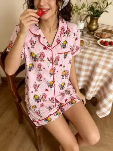 Trendy Retro Strawberry Girl Pajama Set, Soft Breathable Two-Piece Sleepwear, Perfect for Lazy Home Days and Friends' Sleepover Parties