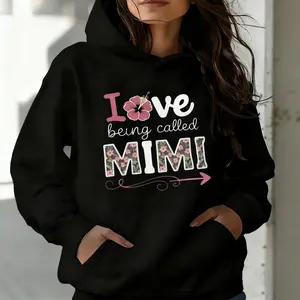 Women's MIMI Name Floral Hoodie - Pink & Green Lettering with "I Love Being Called MIMI" Slogan, Cozy Pullover Sweatshirt, Hooded Sleeve Pocket Sweater for Fall/Winter, Casual Gift Idea