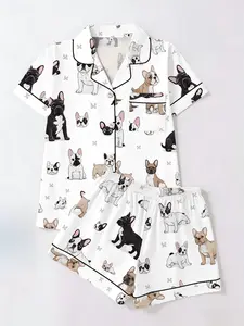 Cute French Bulldog Print Short Sleeve Shorts Cardigan Lapel Fitted Women's Pajamas Loungewear Homewear Two-Piece Set, Casual All Seasons