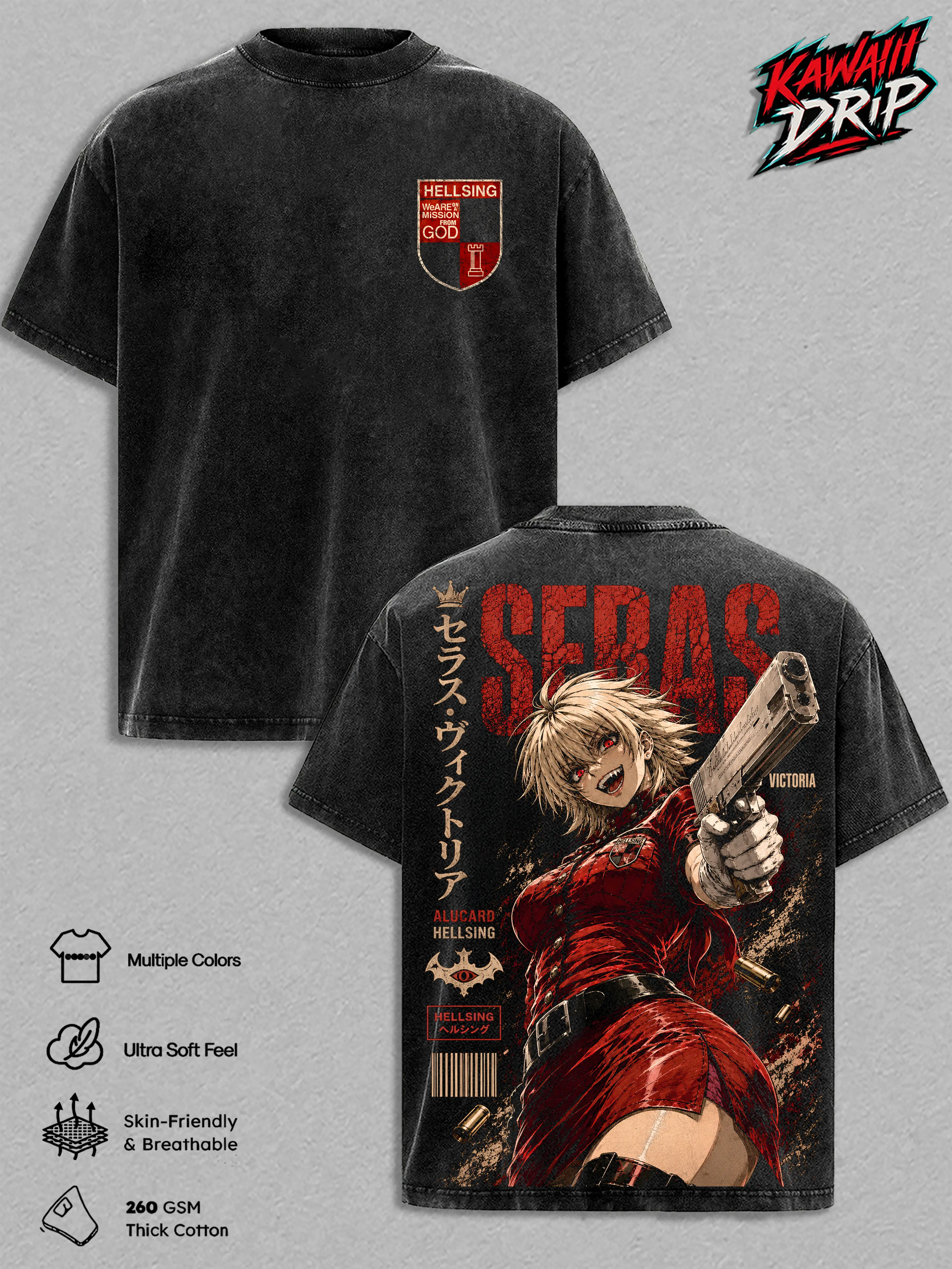 Seras Victoria Vintage Washed T-Shirt - Hellsing Anime Graphic Tee Oversized Heavyweight Cotton Streetwear Top Tshirt Gift for Hellsing Fans Men & Women