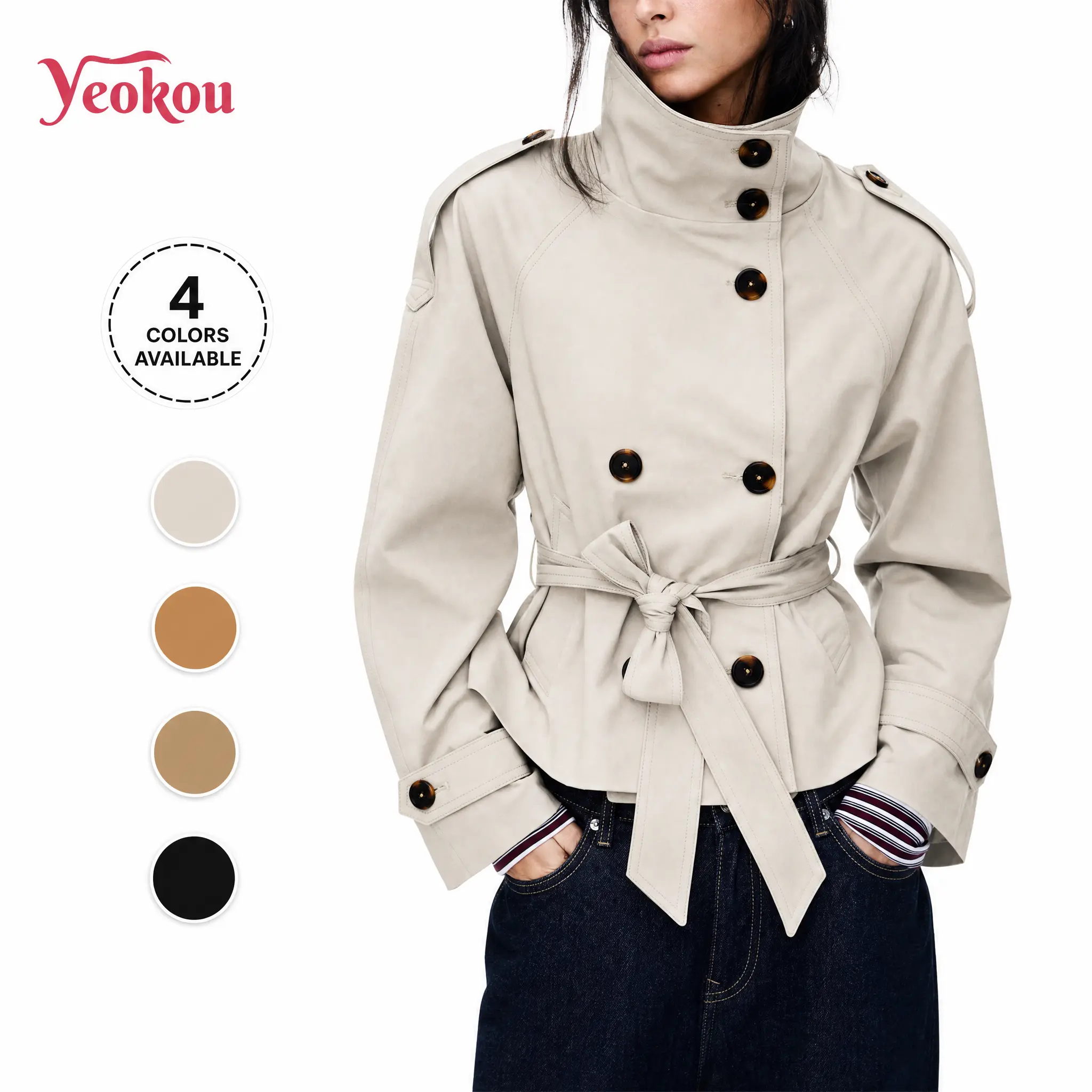 Yeokou Women's Cropped Double-Breasted Trench Coat, High-Collar Long-Sleeve Fitted Casual Jacket with Belt, Fall Winter Tops Full-Sleeve Outerwear, Full Sleeves
