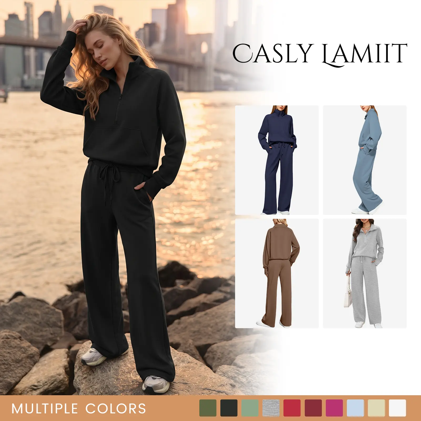 Women's 2 Piece Matching Sets, Oversized Ribbed Loungewear Outfit, Half-Zip Pullover with Thumbholes and High Waist Wide Leg Sweatpants, 2 Piece Sets, Sweatshirt, Women's Matching Sets,travel essentials,camping essentials