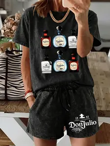 Women's Casual Two-Piece Set, Washed Short Sleeve Shorts with Wine Print, Vintage Street Fashion, Perfect for Holidays and Travel