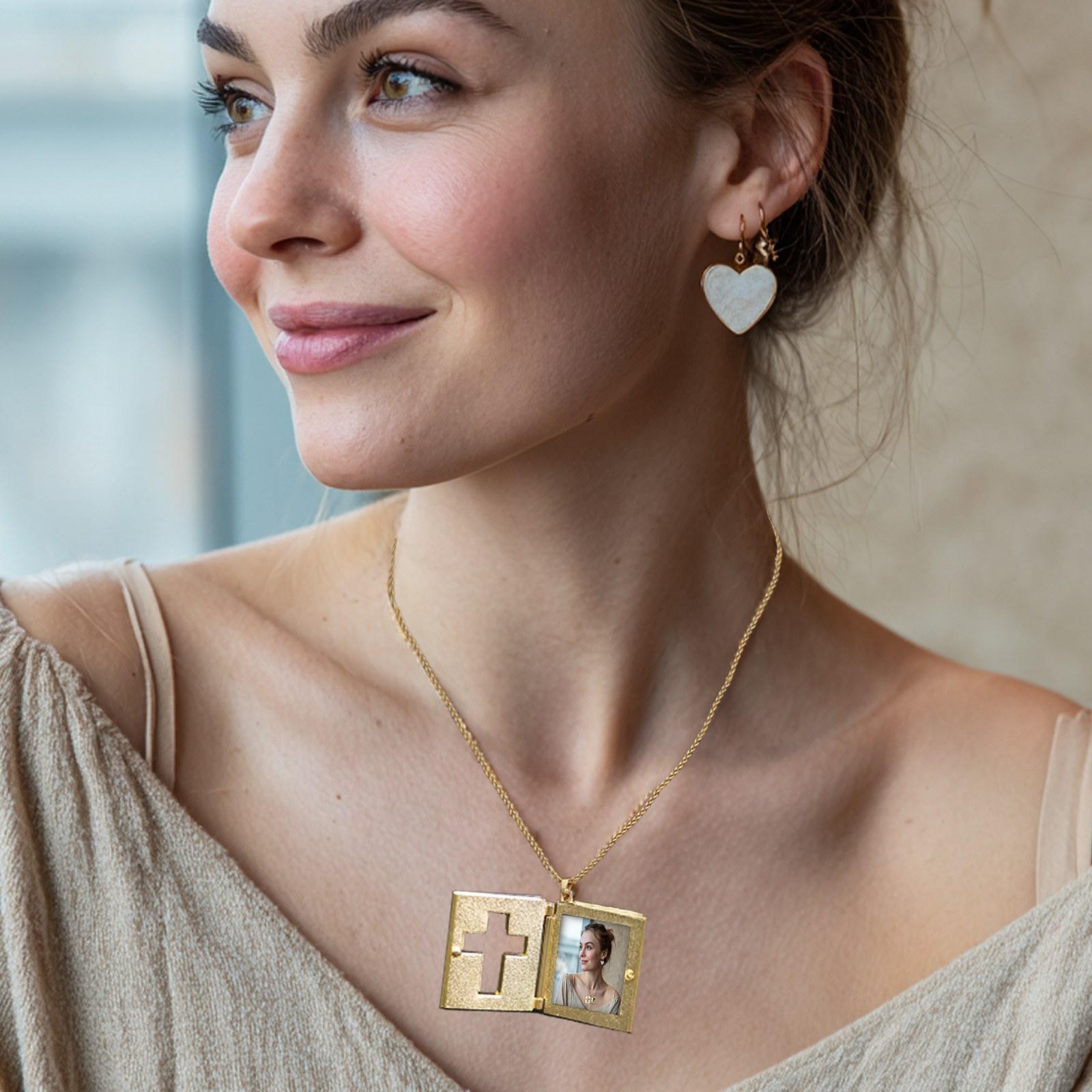 Openable Cross Necklace with Bible Pendant Photo Locket Gold Plated Christian Jewelry Waterproof Hollow Design Gift for Women Men
