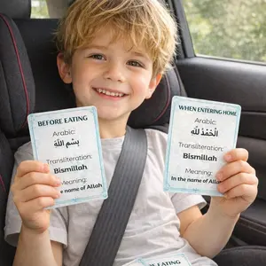 Islamic Du'a Flashcards Set of 20 Laminated Reusable for Kids Beginners with Arabic Transliteration and Meaning Ideal for Home Learning and Gifting