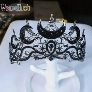 Gothic Moon Star Crown for Halloween Costume, Unisex Rhinestone Festive Headpiece for Witch Vampire Dark Fairy Role Play Party Decoration