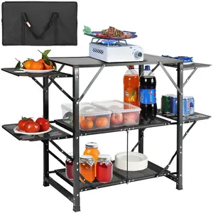 【Summervibes】VEVOR Camping Kitchen Table, One-piece Folding Portable Cook Station with A Carrying Bag, Aluminum Camping Table 4 Iron Side Tables & 2 Shelves, Ideal for Outdoor Picnics, BBQs, Camping, RV Traveling