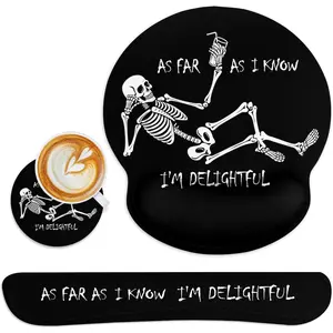 Skull Skeleton Black   Pad Set with Wrist Rest Non-Slip Rubber Base Wrist Cushion Support and Coasters Mousepad with Wrist Support for Computer Keyboard and Desk