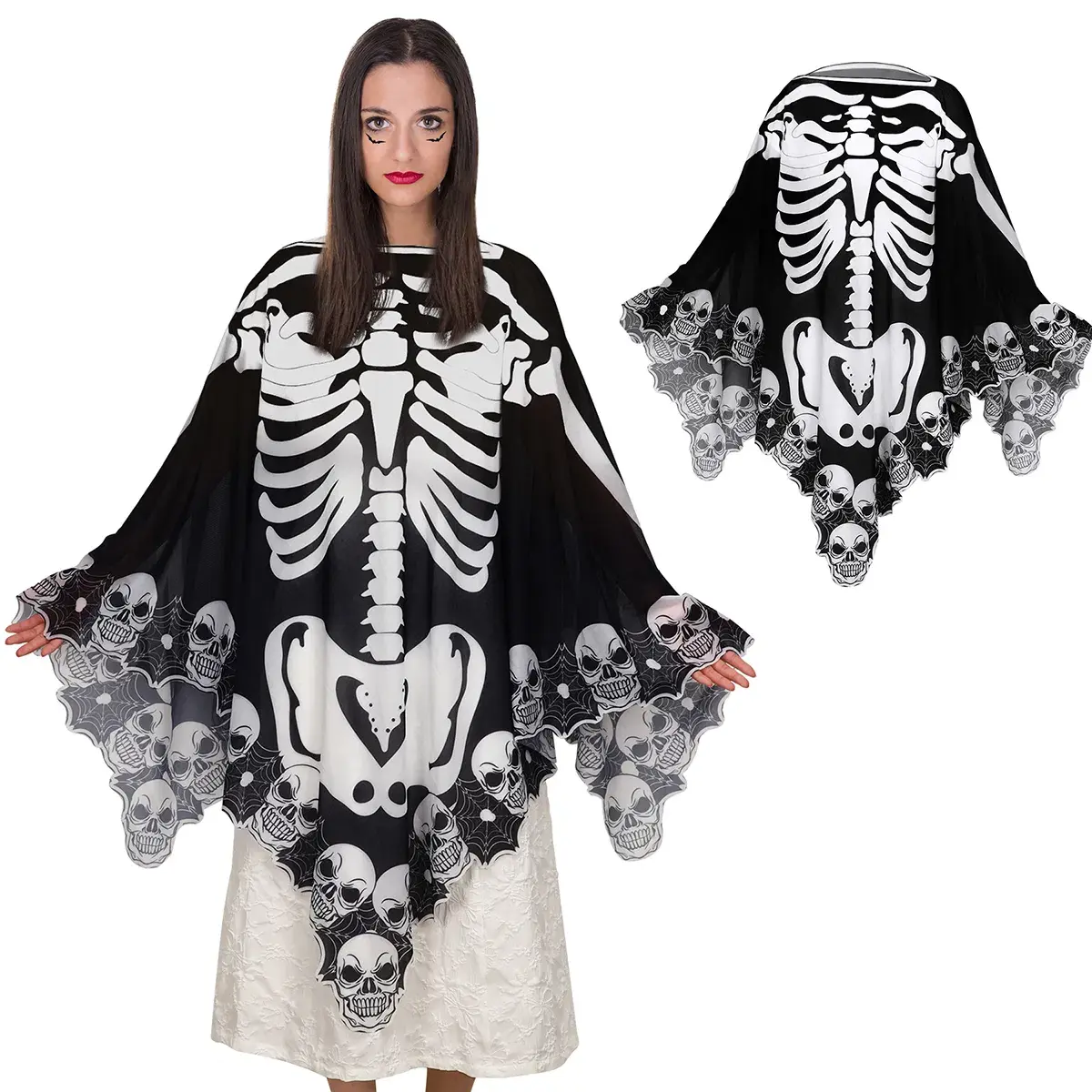 Halloween Skeleton Poncho Skull Bones Lace Skeleton Cape Shawl Halloween Costume Day of The Dead Poncho for Halloween Horror Theme Trick or Treat Birthday Party