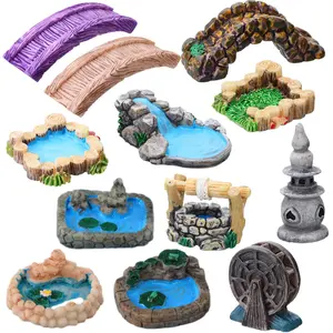 12PCS Miniature Bridge Mini Lighthouse Water Well Bridge Figurines Pond Lawn Ornament Figurines for DIY Craft Garden Accessories Decoration (Classic Style)