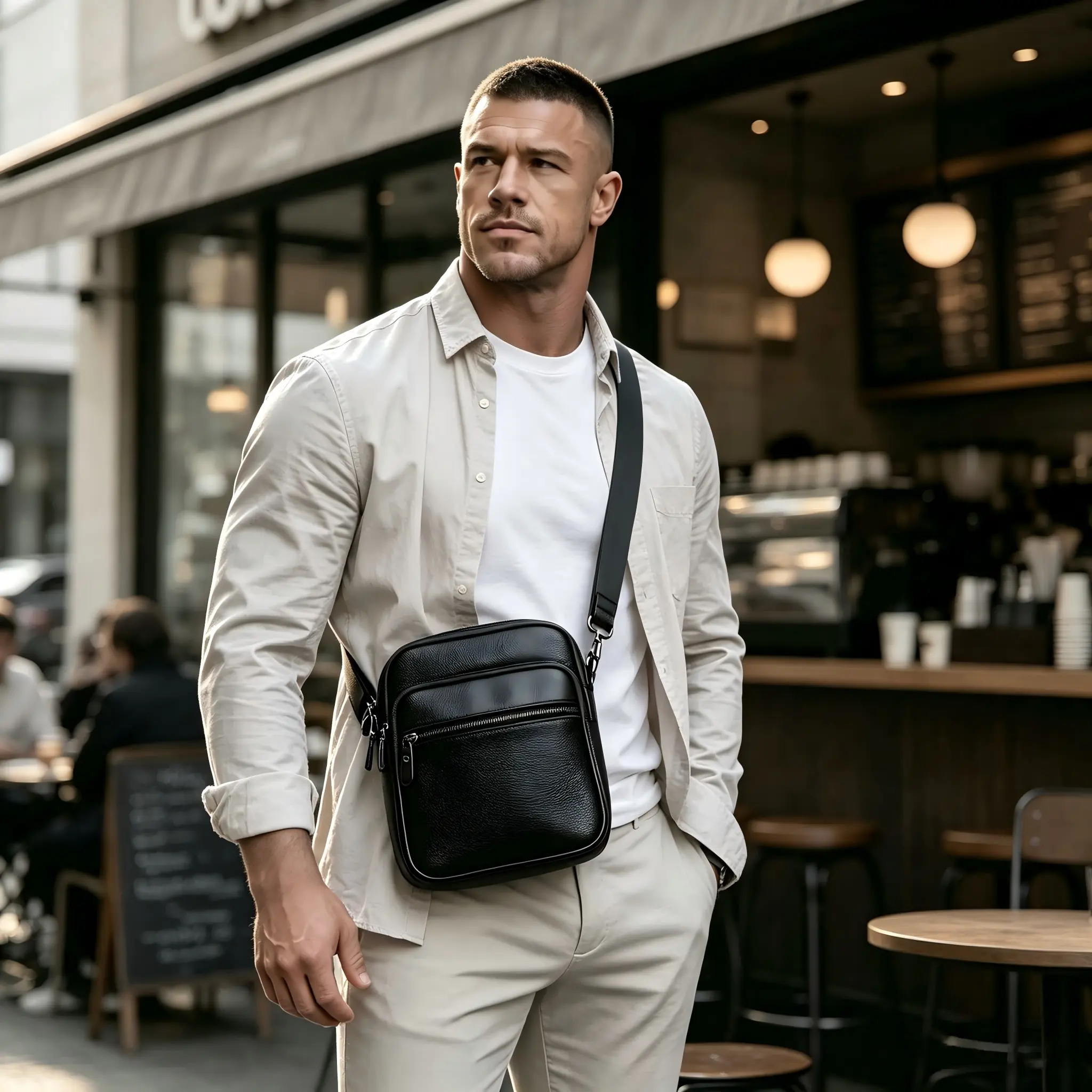 Men's Genuine Leather Chic Plain Large Crossbody-Shoulder Bag - High-Capacity Multi-Compartment Light Luxury Business Commuter Work Bag with Coin Pocket, Adjustable Strap, Head Skin
