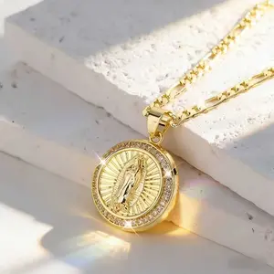 18K Gold Plated Our Lady of Guadalupe Round Pendant Necklace with Sunburst Radiant Frame & Cubic Zirconia Border Figaro Chain Catholic Jewelry