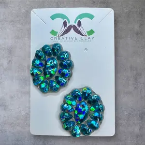 Teal Glitter Navajo Squash Blossom Cluster Earrings | Handmade Polymer Clay | Sterling Silver .925 Posts | Lightweight & Hypoallergenic | Southwest-Inspired Statement Jewelry
