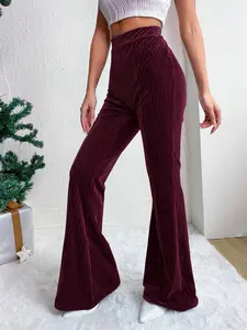 A pair of high-waisted, solid-colored corduroy flared pants for women, which are slimming, casual and versatile, Womenswear