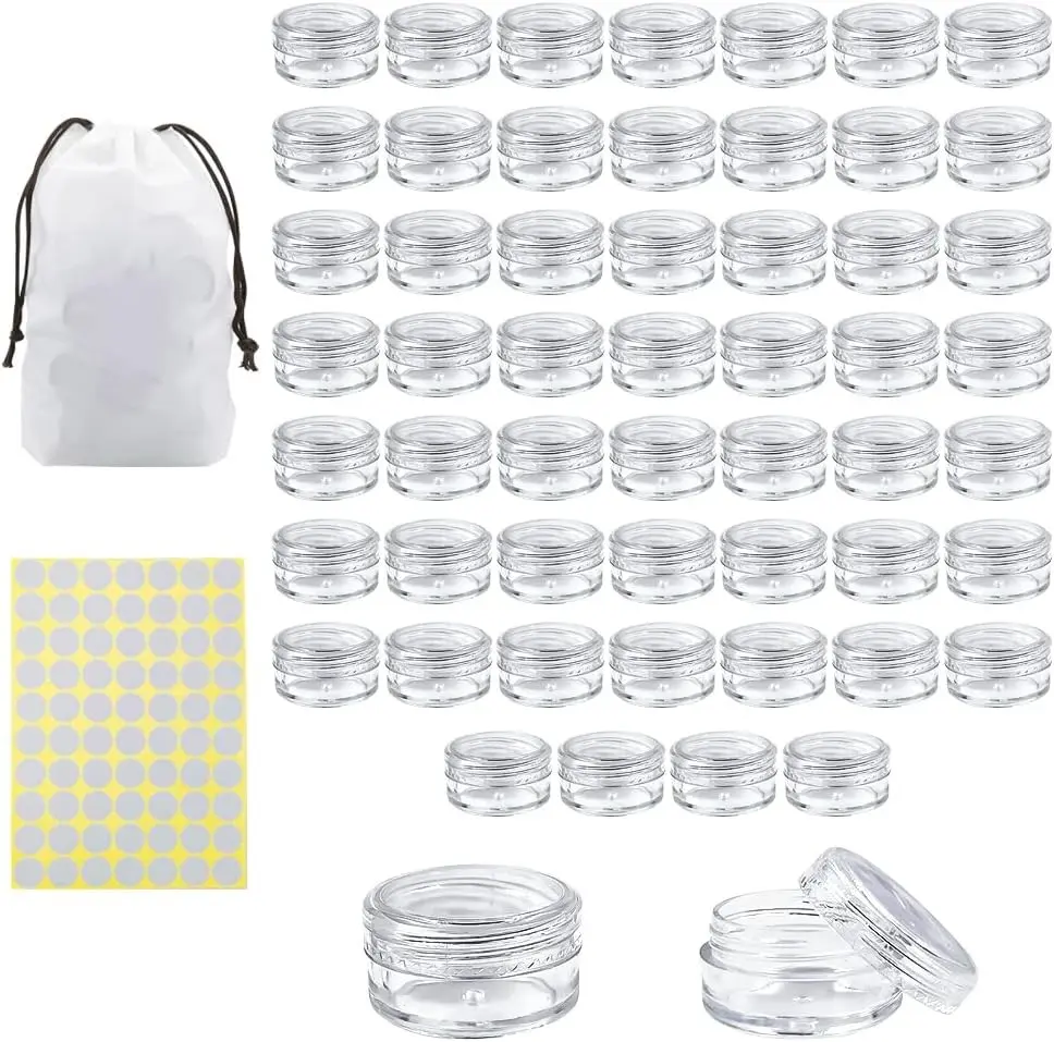 55Pcs 5 Grams Sample Containers with Lids and Labels, Small Little Mini Tiny Containers, Clear Acrylic Plastic Sample Jars for Cosmetic, Creams, Makeup, Nails, 5g/5ml Empty Round Sample Containers