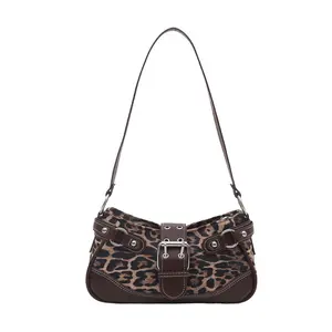 Y2K Aesthetic Leopard Print Shoulder Bag for Women, Retro Faux Leather Baguette Bag with Buckle Detail, Leopard Handbag Leather Shoulder Bag