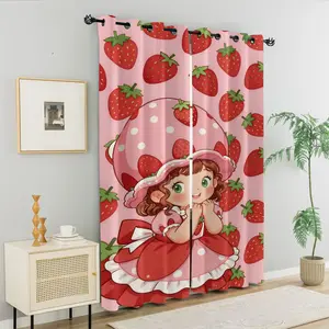 Adorable Lolita Style Strawberry Girl Curtains, Whimsical Strawberry Princess Curtain, Sweet Fairy Strawberry Girl Curtain, Cute Cartoon Girl with Strawberries & Polka Dots Print, Perfect Gift for Girls Bedroom Decor & Birthday Gifts