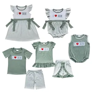 Embroidery Alert! “I LOVE MOM” Green Matching Sets for Boys & Girls,Kids Clothes Casual Top