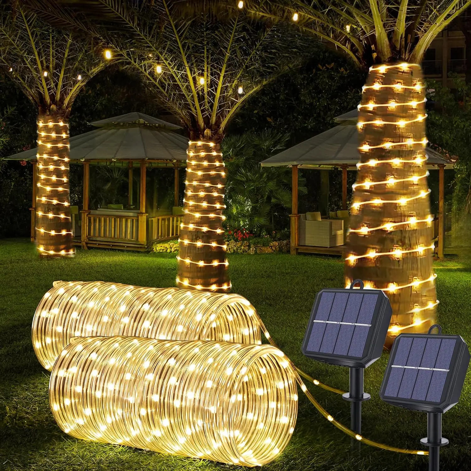 Outdoor lighting, bedroom LED lights, summer garden party decorations, solar rope lights, 2-pack (132 feet total, 400 LEDs), 8-mode waterproof solar outdoor lights, flexible transparent tube lights, suitable for backyard, pool, and tree decoration summerg