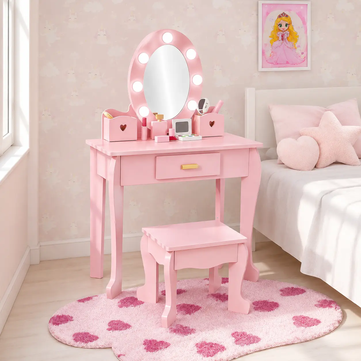 GARVEE Princess-Style Kids' Wooden Vanity Table and Chair Set with Lighted Mirror - Pretend Makeup Playset for Girls Ages 4-9, White/Pink/Purple (Batteries Not Included)