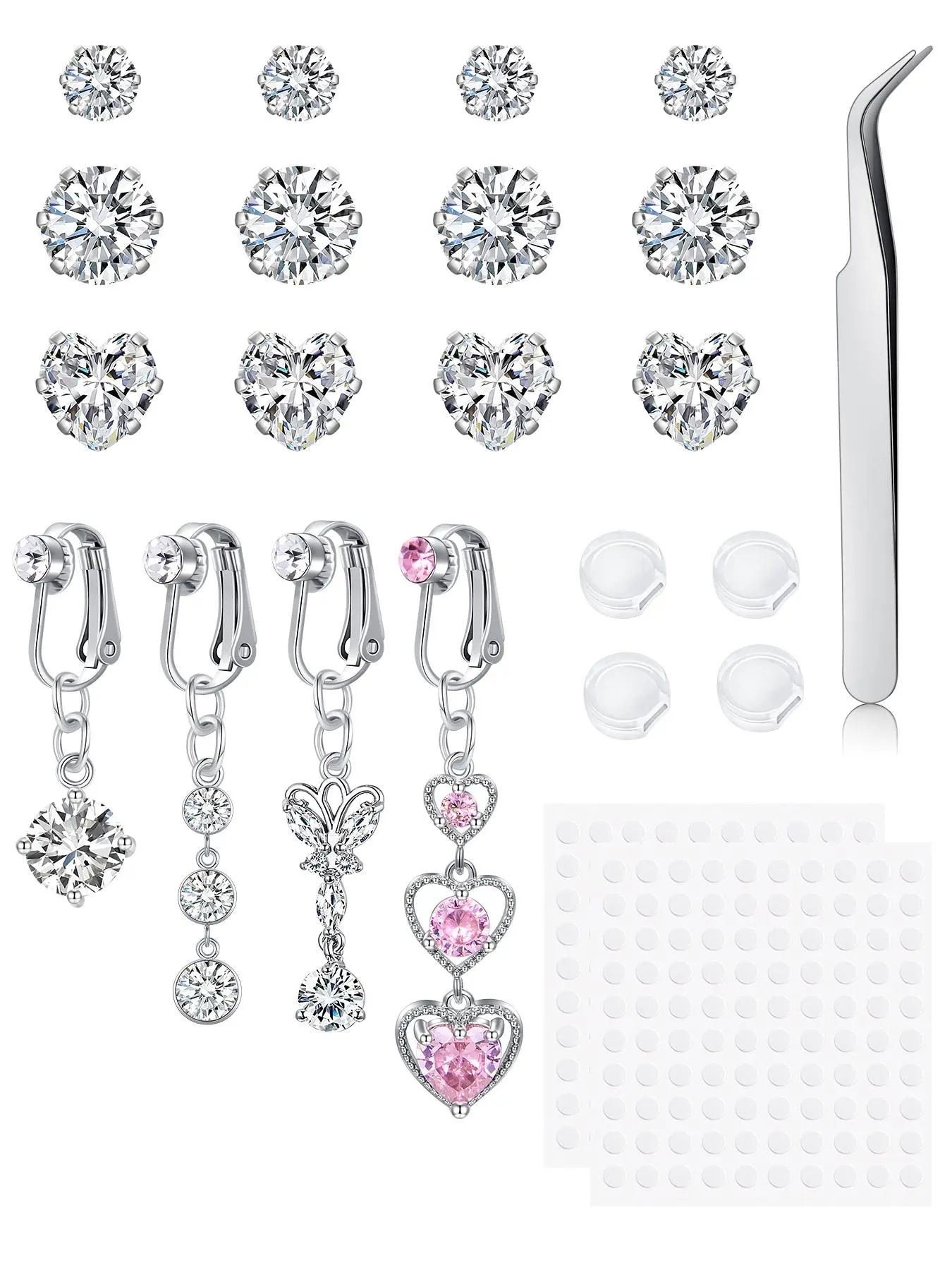 Fake Belly Piercing Cubic Zircon Butterfly Clip on Belly Button Rings, Non Piercing Stick on Navel Ring Jewelry, Body Jewelry, Silver Pink Color Sticky Heart Accessory