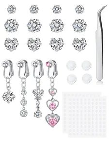 Fake Belly Piercing Cubic Zircon Butterfly Clip on Belly Button Rings, Non Piercing Stick on Navel Ring Jewelry, Body Jewelry, Silver Pink Color Sticky Heart Accessory