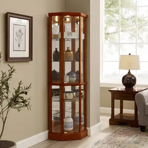 Dreamzon 6 Shelf Lighted Corner Curio Cabinet with Adjustable Tempered Glass Shelves and Mirror Back, Oak(E26 light bulb not included)