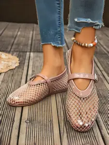 Women's 2026 New Knitted Low-Top Strap Single Shoe, High-Quality Flat Mary Jane Shoes, Footwear, Casual Daily Wear, Comfortable Fashion, Netted Ballet Flats