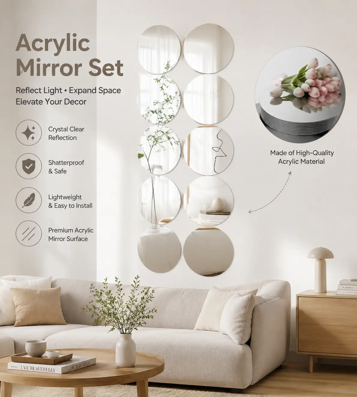 12 Pieces / 18 Pieces 12 Inch Round Acrylic Mirror Set, Reflective Wall Decor Sconces with 2mm Thick Shatter Resistant Design, Perfect for Wedding, Party, Christmas and Home Decoration with 2 Mini Candle Holders