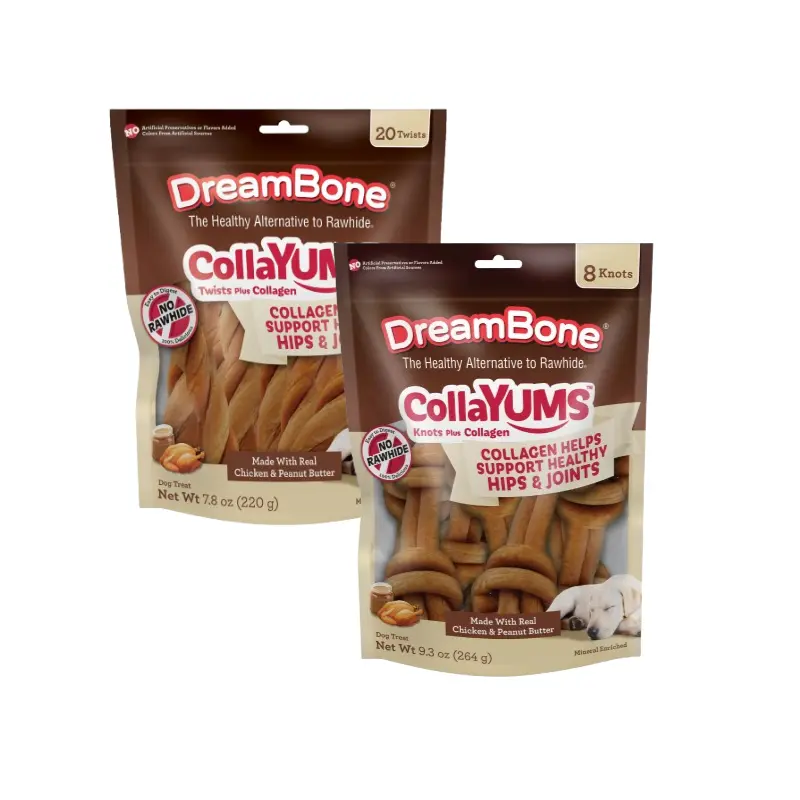 DreamBone CollaYUMS Dog Chews – 2-Pack Bundle with 1 Chicken & Peanut Butter Twists 20-Count Packs & 1 Knots 8-Count Pack