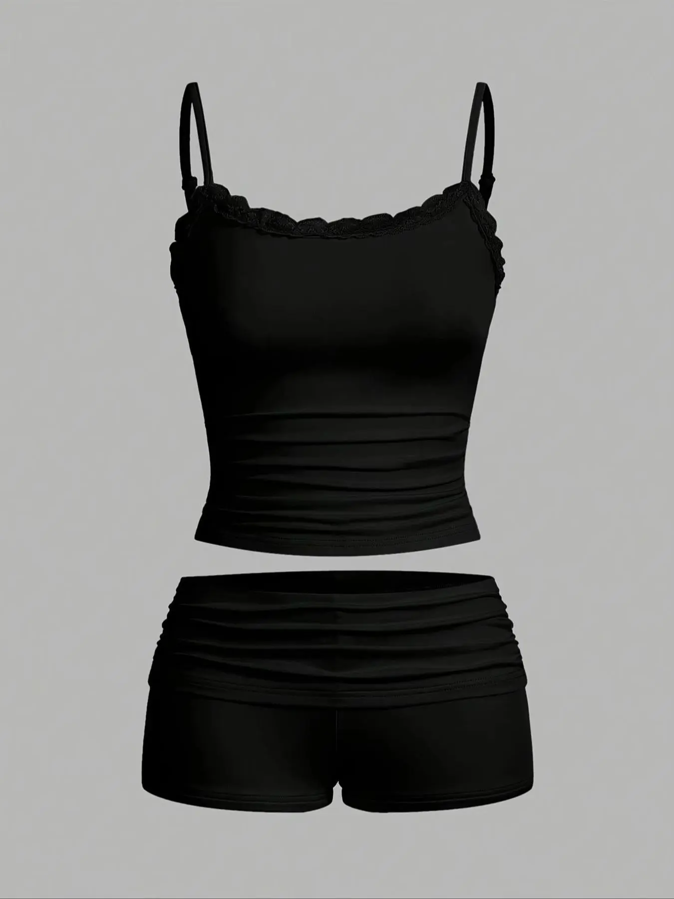 Women's Solid Contrast Lace Crop Cami Top & Ruched Skinny Shorts Two-piece Set, Womenswear, Casual Sleeveless Spaghetti Strap Top & Shorts for Summer, Ladies Clothes for Daily Wear, Basic