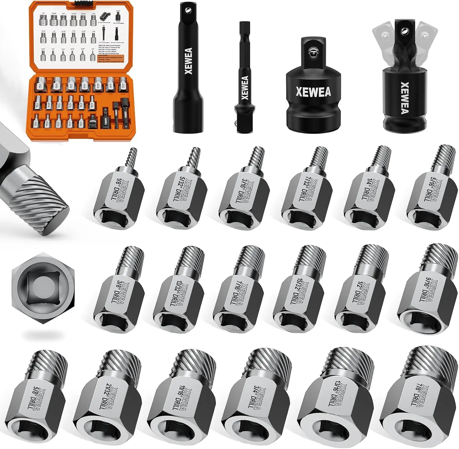 22PCS 3/8" Drive CR-MO Steel Multi-Spline Easy Out Multi-Tool - Heavy-Duty Bolt Remover Kit for Stripped Bolts, Nuts & Screws, with Universal Joint, Extension Bar, Complete Accessories for Home Improvement, Machinery Maintenance