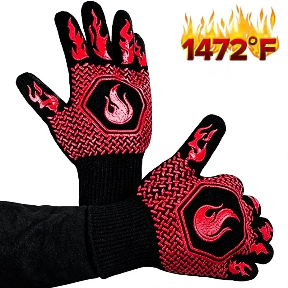 13.8-Inch Red Bakeware Kitchen Fireproof Oven Gloves with Cover, 1472°F Heat-Resistant, Cut-Resistant, Non-Slip Silicone Gloves for Barbecue, Cooking