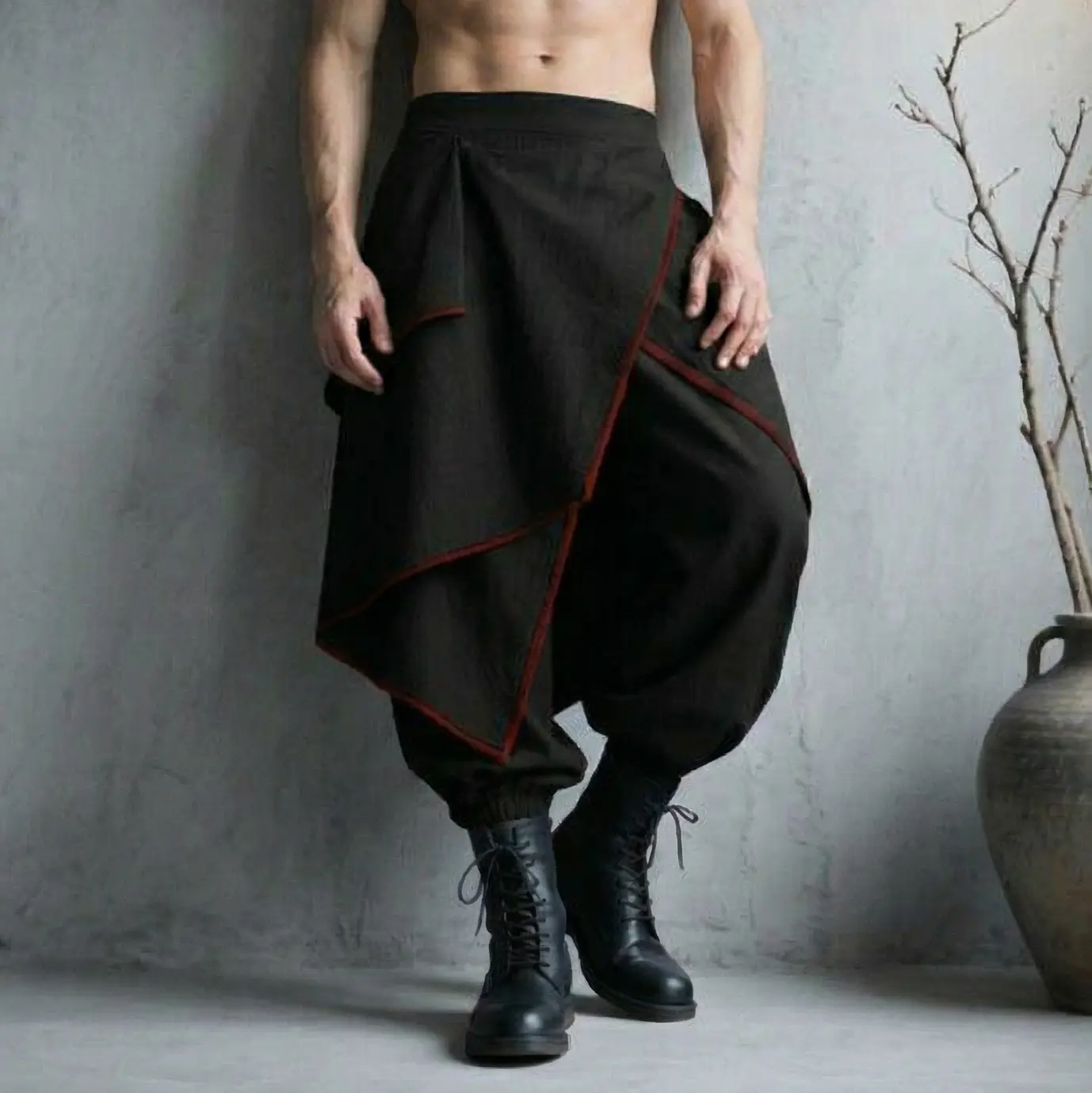 INCERUN Men's Harem Pants with Irregular Skirt Overlay, Japanese Samurai Style Streetwear, Breathable Fabric with Jogger Cuffs for Cosplay, Garment