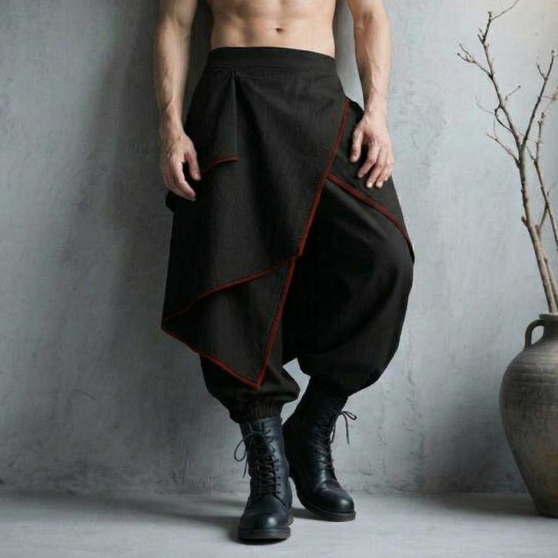 INCERUN Menswear Japanese Style Samurai Style Men's Pants - 97% Polyester Breathable Loose-Cut Freedom Garment with Irregular Skirt Overlay, Jogger Cuff Flair Street Pants for Party, Cosplay