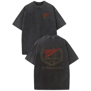 Miller High Life Champagne Beer Graphic Print T-shirt Boutique Washed Distressed Batik Thickened Short Sleeve Crew Neck Men's Fashion Casual T Shirt
