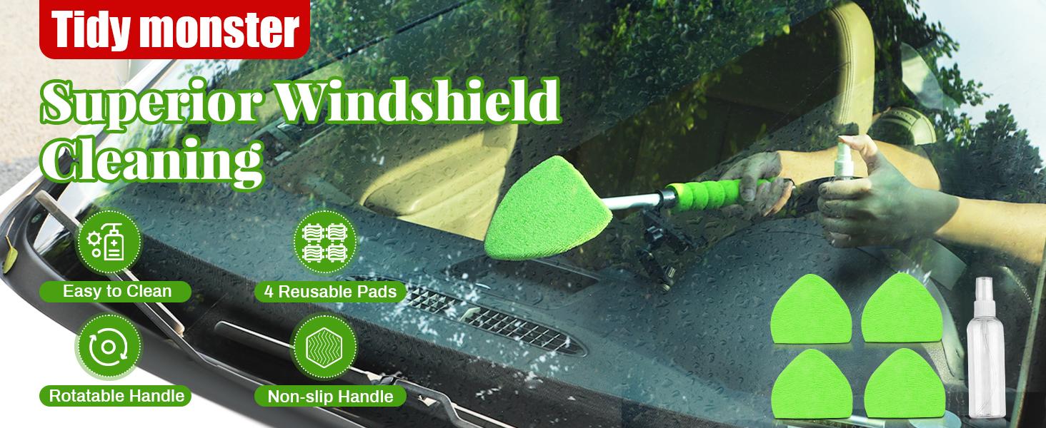 Windshield Cleaning Tool Microfiber Car Window Cleaner with 4 Reusable and Washable Microfiber Pads and Extendable Handle Car Windshield Cleaning