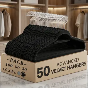 50pcs Premium Velvet Non-slip Hanger with Tie Bar 360° Swivel Hook Space-saving Durable for Indoor Storage Outdoor Drying Clothing Display Wardrobe Organization