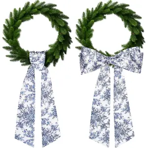 2Pcs Chinoiserie Monogram Satin Blue White Flower Wreath Sash for Door Accessories Indoor/Outdoor Wall Decor