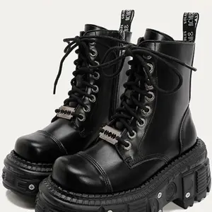 Women's Punk Metal Buckle Boots, Gothic Style Thick Sole Short Boots, Unique Design Lace-Up Knight Boots for Women